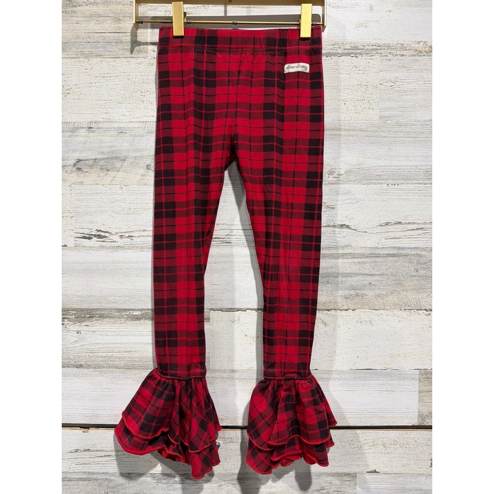 Sew Sassy Ruffle Leggings Girls 8 Red Black Buffalo Plaid Boutique EUC